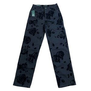WILD FABLE JEANS BLACK FLORAL FLOCKED HIGH RISE STRAIGHT DENIM COTTON NWT